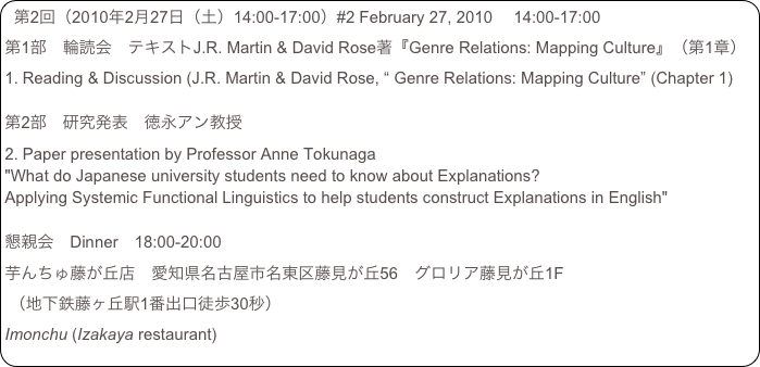 第2回（2010年2月27日（土）14:00-17:00）#2 February 27, 2010 　14:00-17:00
第1部　輪読会　テキストJ.R. Martin & David Rose著『Genre Relations: Mapping Culture』（第1章）
Reading & Discussion (J.R. Martin & David Rose, “ Genre Relations: Mapping Culture” (Chapter 1)

第2部　研究発表　徳永アン教授
Paper presentation by Professor Anne Tokunaga 
"What do Japanese university students need to know about Explanations?Applying Systemic Functional Linguistics to help students construct Explanations in English"

懇親会　Dinner　18:00-20:00
芋んちゅ藤が丘店　愛知県名古屋市名東区藤見が丘56　グロリア藤見が丘1F
 （地下鉄藤ヶ丘駅1番出口徒歩30秒）　　
Imonchu (Izakaya restaurant) 