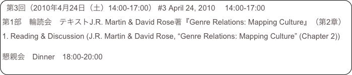 第3回（2010年4月24日（土）14:00-17:00） #3 April 24, 2010 　14:00-17:00
第1部　輪読会　テキストJ.R. Martin & David Rose著『Genre Relations: Mapping Culture』（第2章）
Reading & Discussion (J.R. Martin & David Rose, “Genre Relations: Mapping Culture” (Chapter 2))

懇親会　Dinner　18:00-20:00