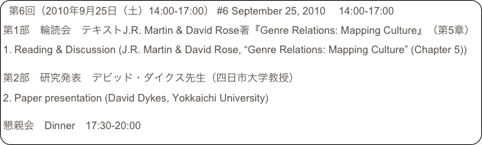 第6回（2010年9月25日（土）14:00-17:00） #6 September 25, 2010 　14:00-17:00
第1部　輪読会　テキストJ.R. Martin & David Rose著『Genre Relations: Mapping Culture』（第5章）
Reading & Discussion (J.R. Martin & David Rose, “Genre Relations: Mapping Culture” (Chapter 5))

第2部　研究発表　デビッド・ダイクス先生（四日市大学教授）
Paper presentation (David Dykes, Yokkaichi University)

懇親会　Dinner　17:30-20:00